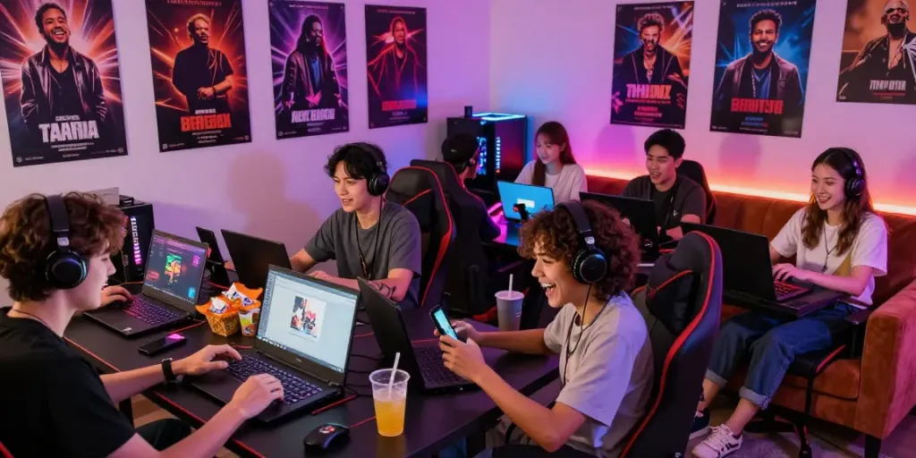 Pengunjung bermain game online di MENANG66, dikelilingi oleh poster film dan musisi favorit, suasana ceria.