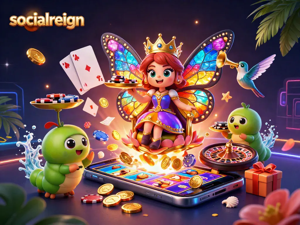 Spin the slots and win with socialreign in this vibrant 3D casino scene.