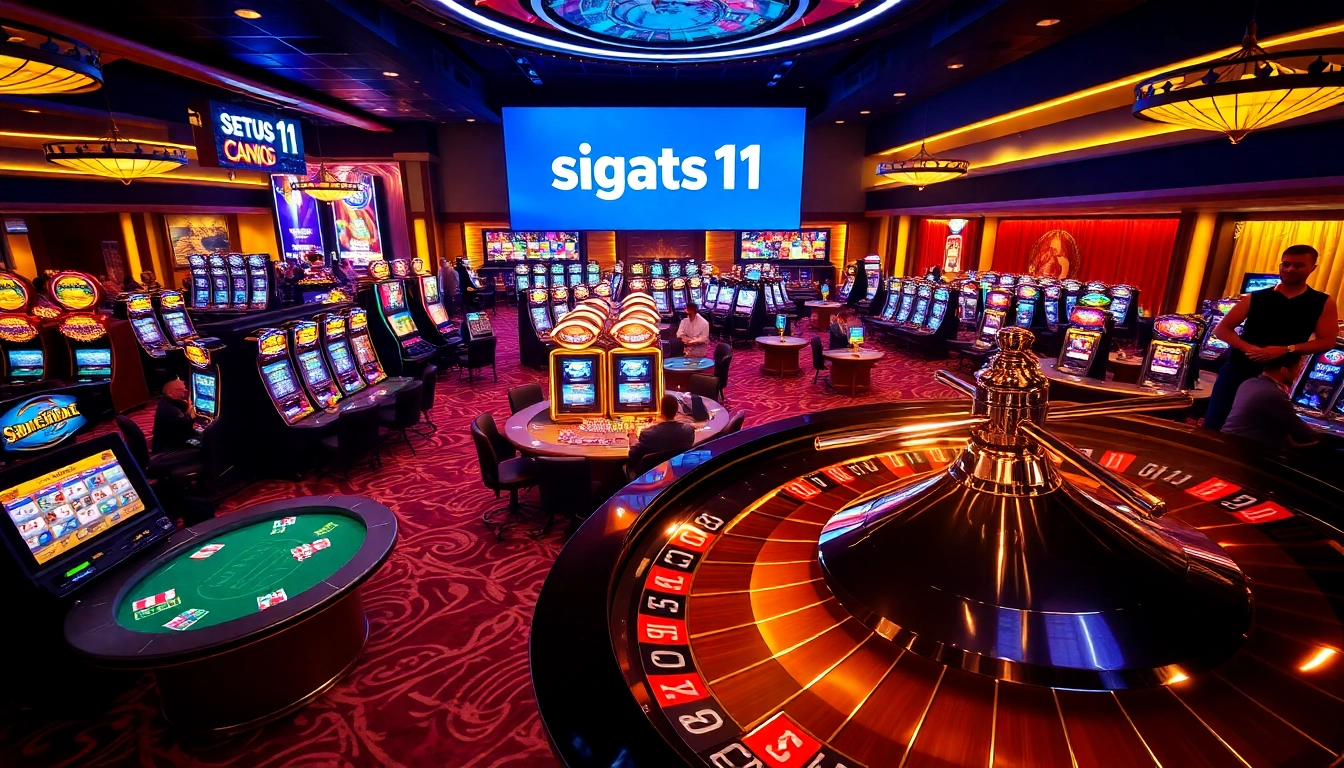 Players enjoying vibrant games at situs11 casino, featuring slot machines and poker tables.