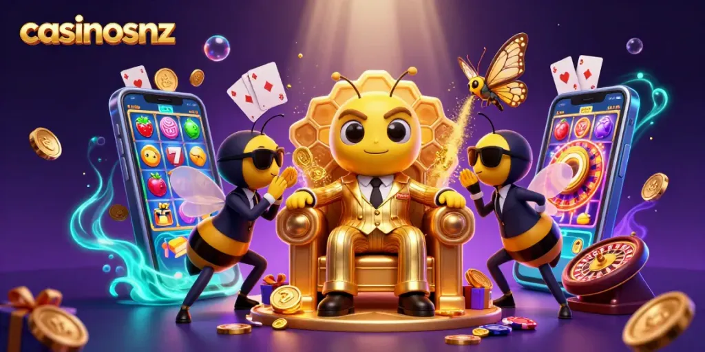 Experience the excitement of casinosnz with a bumblebee mob boss in a dynamic casino illustration.