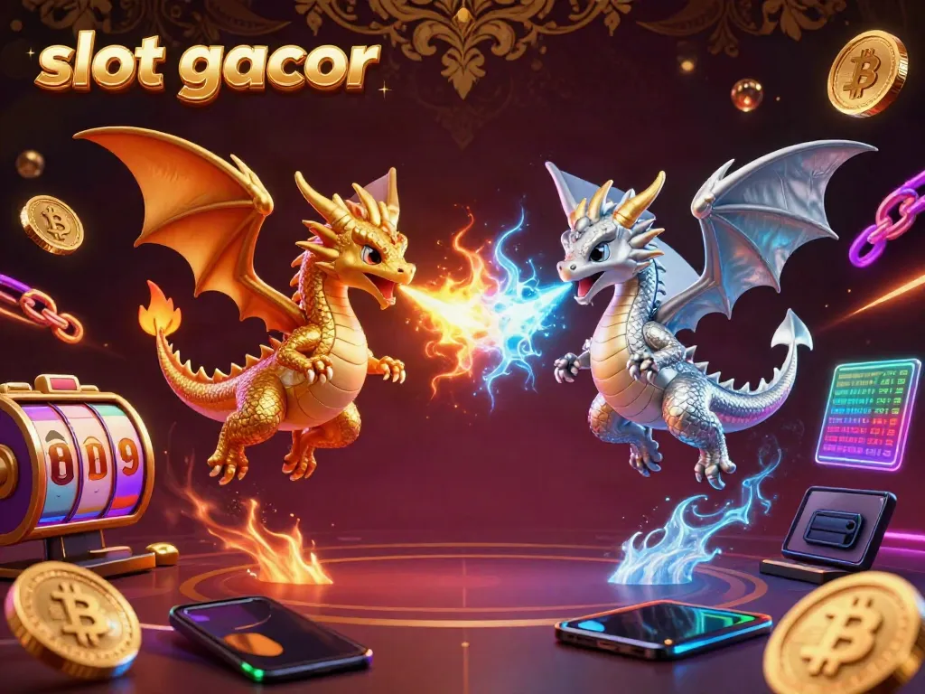 Experience exciting slot gacor gameplay with dynamic dragons and crypto elements in a vibrant casino atmosphere.