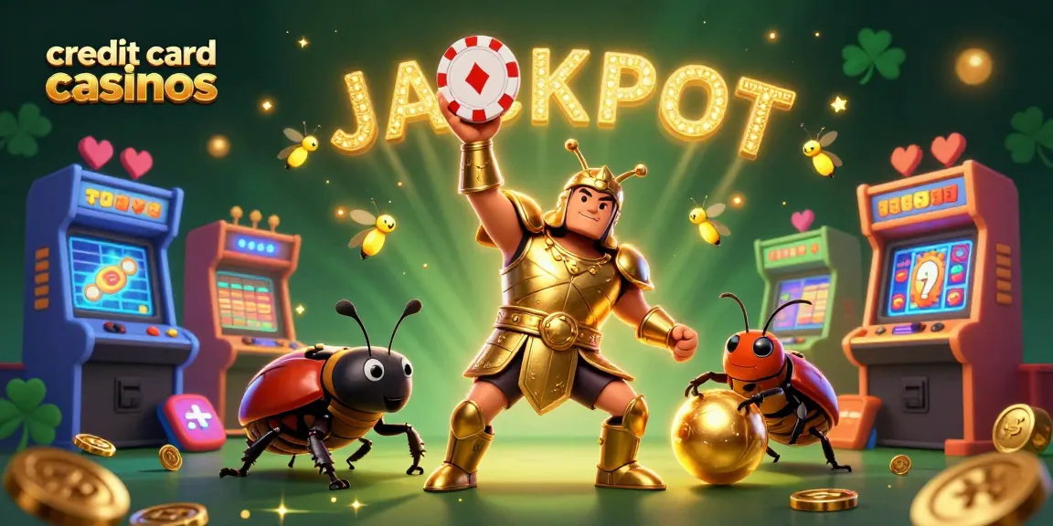 Experience thrilling action at credit card casinos with vibrant gaming elements and a jackpot celebration scene.