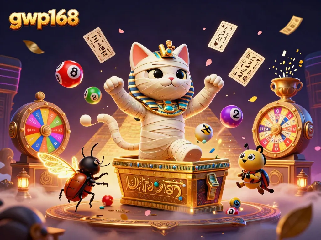 GWP168 menawarkan permainan menarik dengan kitty mummy dan scarab di kasino, seiring bola lotere berwarna-warni.