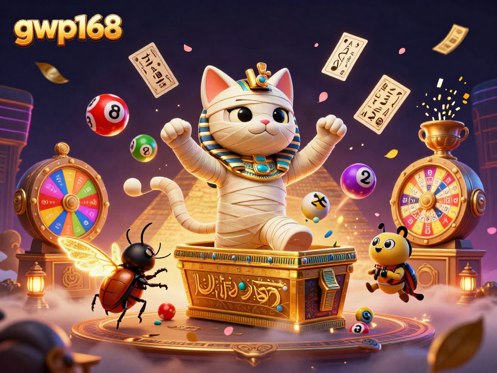 GWP168 menawarkan permainan menarik dengan kitty mummy dan scarab di kasino, seiring bola lotere berwarna-warni.
