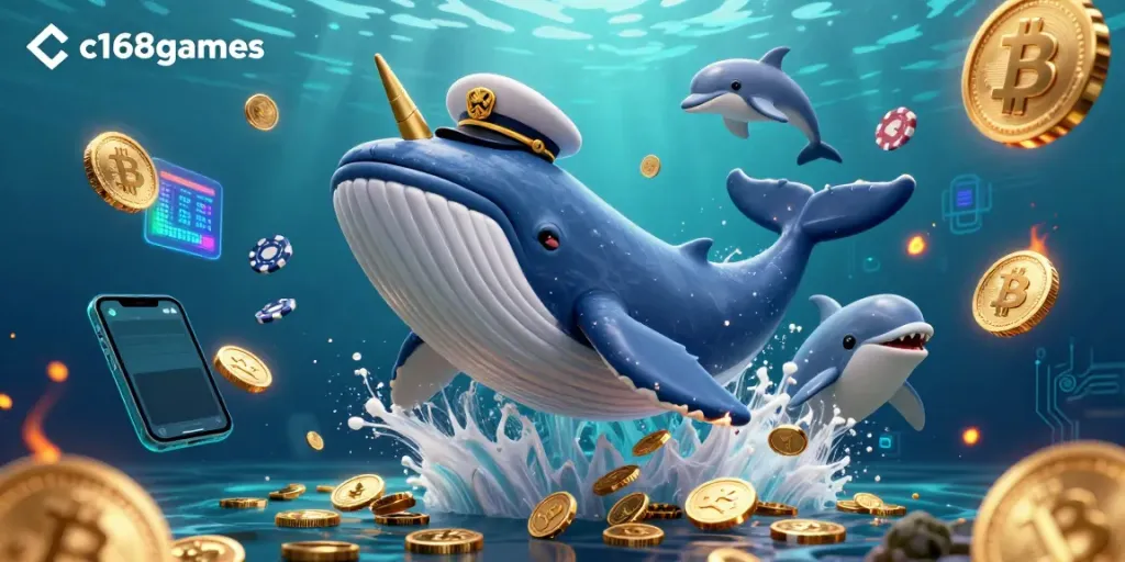 Engage with c168games' dynamic underwater casino world featuring a whale, narwhal, and dolphins.