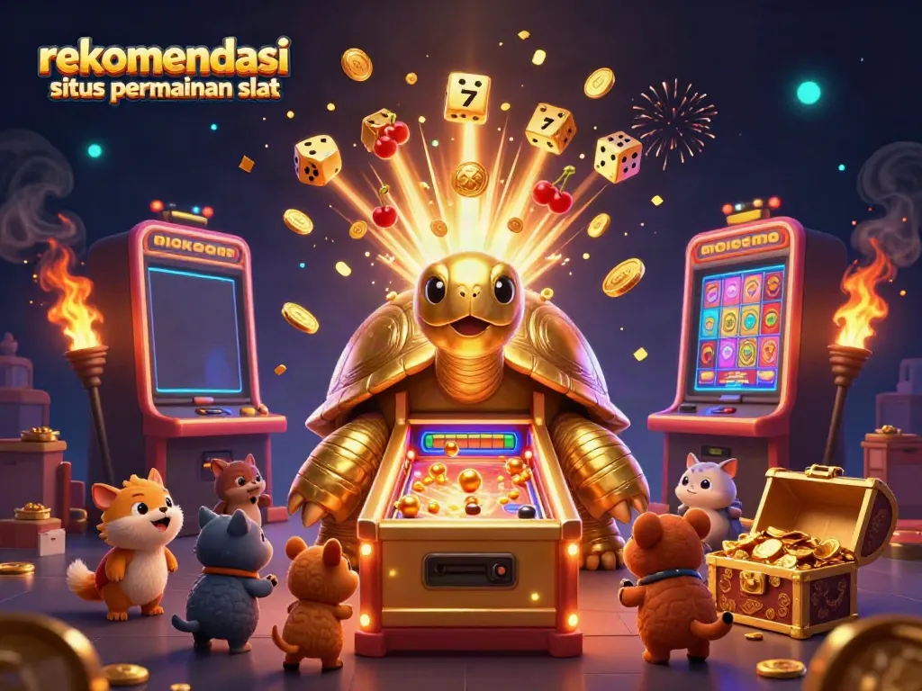 Rekomendasi situs permainan slot dengan ilustrasi 3D kolosal termasuk mesin slot dan simbol keberuntungan.