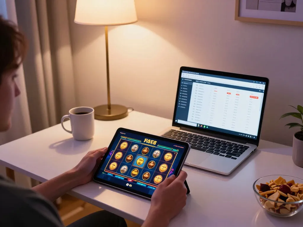 Engaging online gaming moment with FAFA 828, person enjoying slot games on a tablet in cozy home