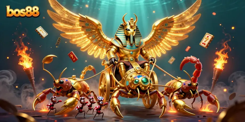 Experience winning at bos88 with a vibrant, dynamic casino-themed 3D illustration showcasing slot games and exciting elements.