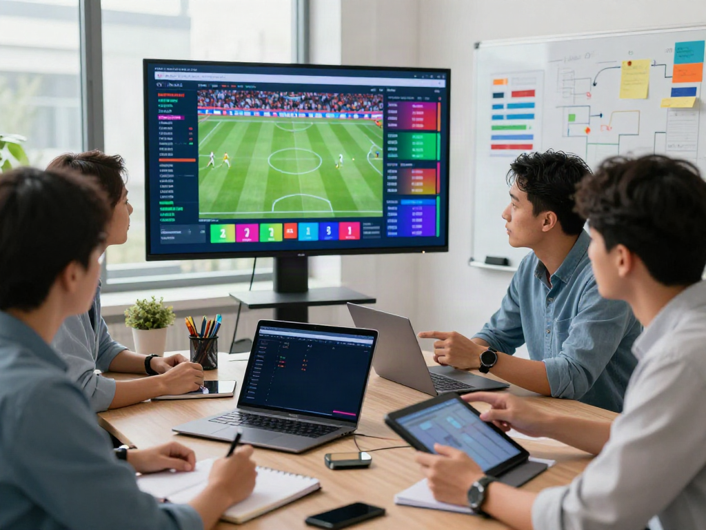 WWBOLA analysts discussing high soccer betting odds with live data in a modern office.