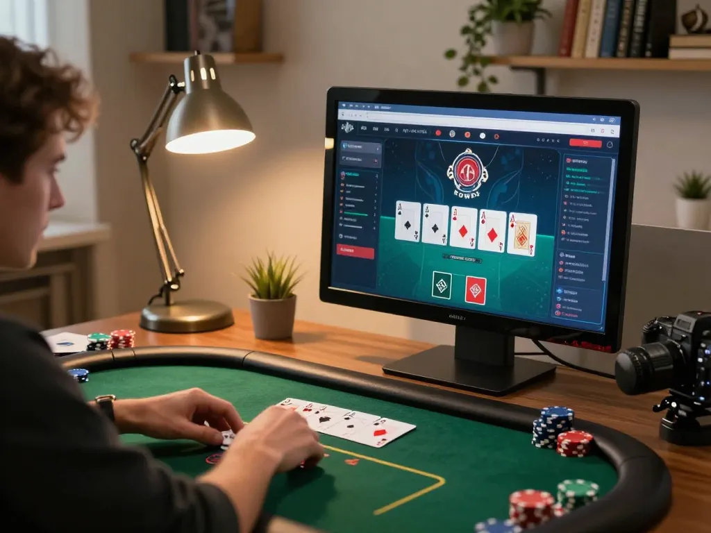 Iwin online poker gamer focused on strategic gameplay with virtual cards and chips in hand.