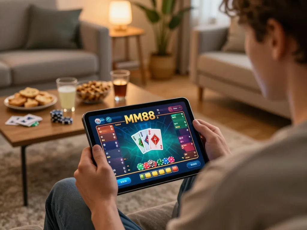 Player engaging with MM88 online casino app in a cozy home setting, highlighting strategic choices and comfortable environment.