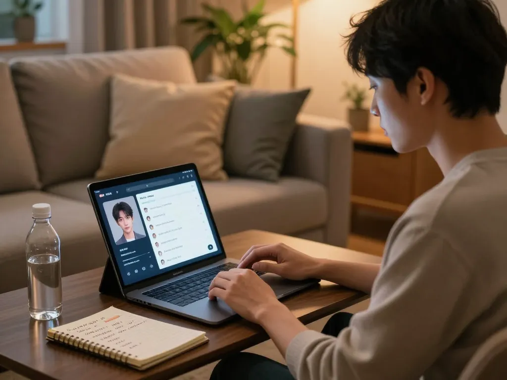 Engaging in ai sex chat with a customizable AI companion on a laptop in a cozy living space.