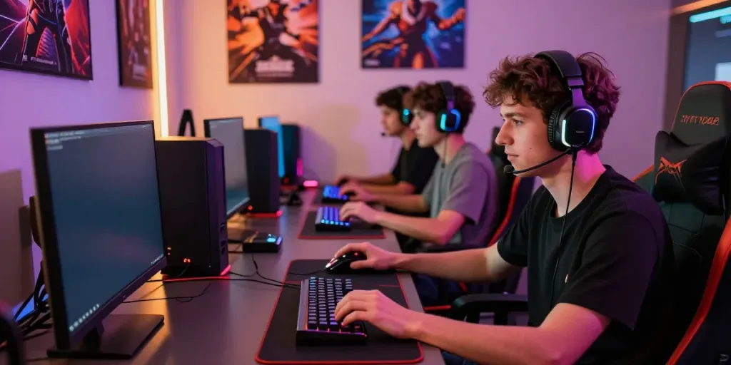 Engaging online gaming session showcasing akunjp gaming setup with friends and vibrant accessories.