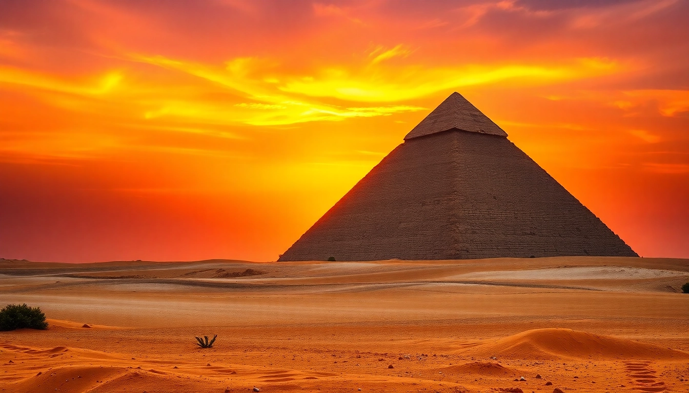 Explore the stunning Great Pyramid of Giza from https://piraminds.com/ under a dramatic sunset.