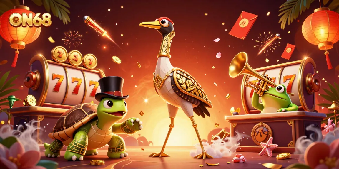 Experience the excitement of ON68 with vibrant slot games and festive elements in a lively casino scene.