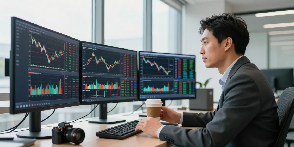 同花顺用户在现代办公室中分析股票市场数据，专注于多屏幕上的金融图表。