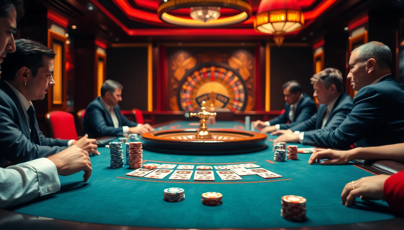SODO CASINO players strategizing over a poker table, showcasing intensity and excitement in the game.
