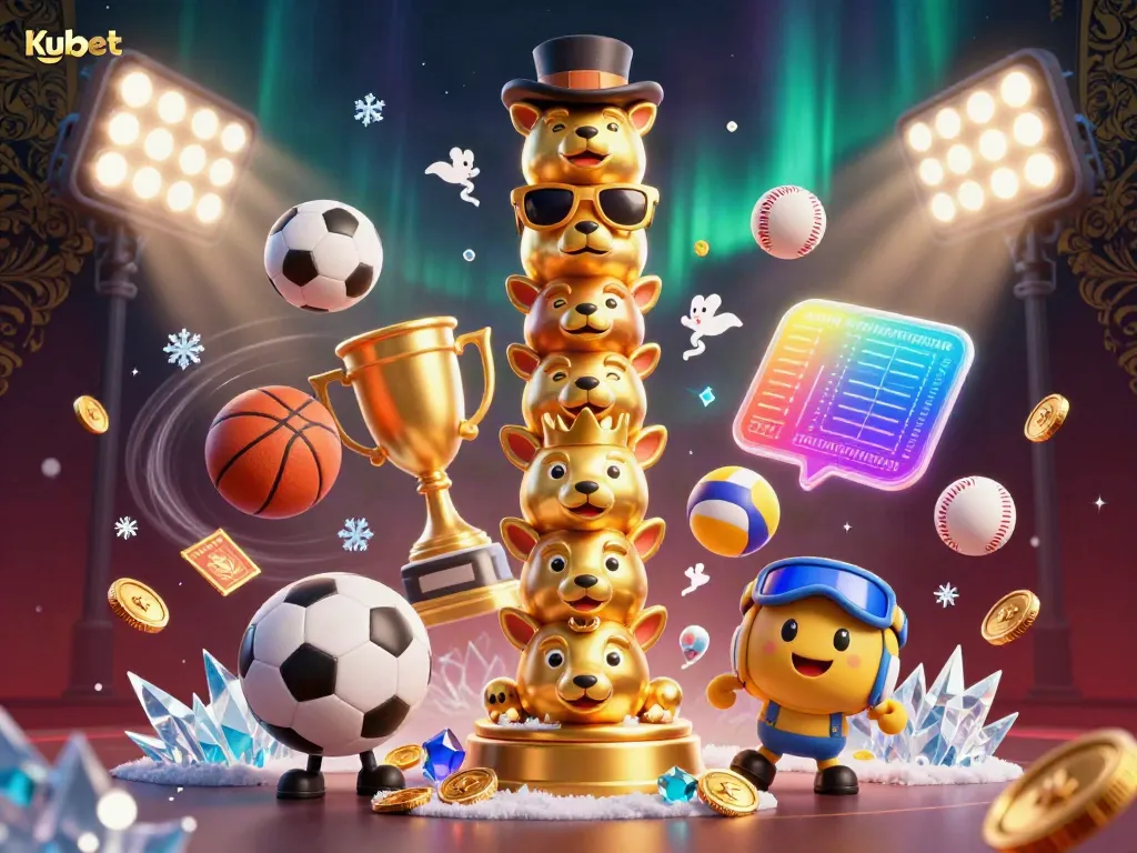 Kubet introduction with an energetic golden totem pole surrounded by vibrant sports betting elements.