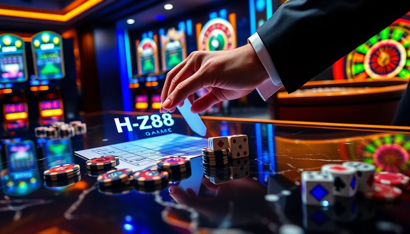 Professional gambler placing strategic bets on hz88 game digital interface with poker chips and live casino action