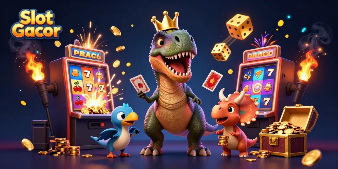 Engage with Slot Gacor in this vibrant 3D casino illustration featuring playful dinosaurs and lively game elements.