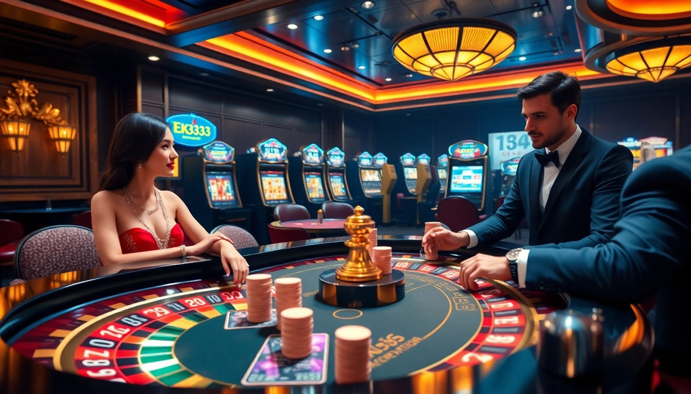 Players enjoying a high-stakes poker game at EK333's luxurious online casino.