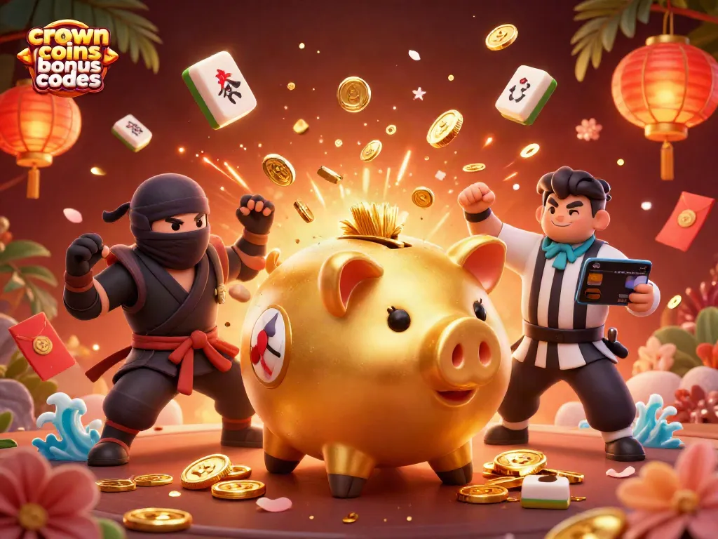 Crown coins bonus codes drive excitement with a golden piggy bank sumo wrestler surrounded by festive gambling elements.
