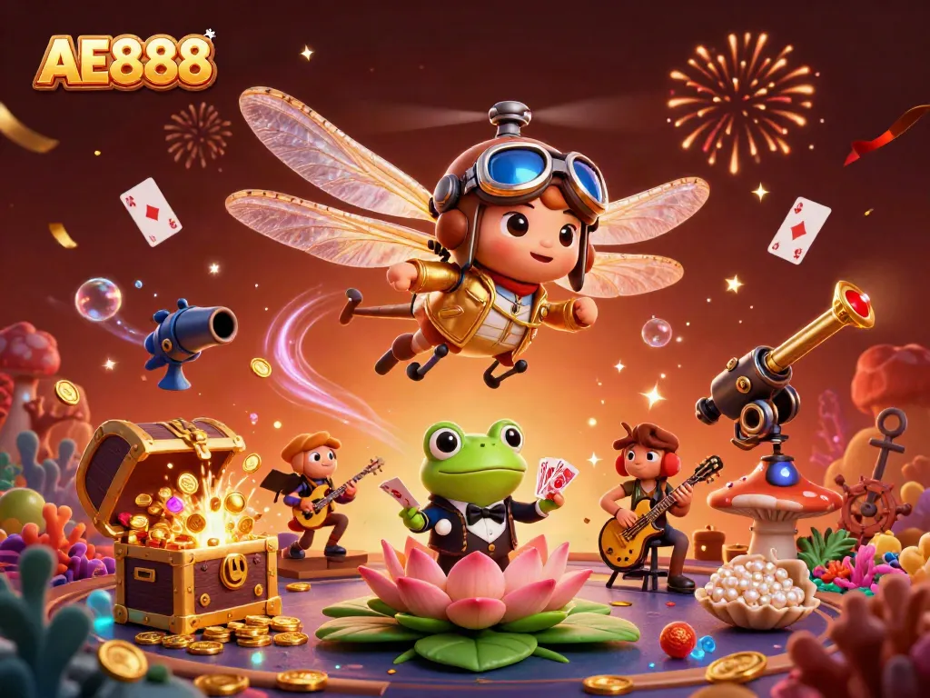 Experience AE888's lively casino scene with vibrant 3D characters and dynamic gaming elements.