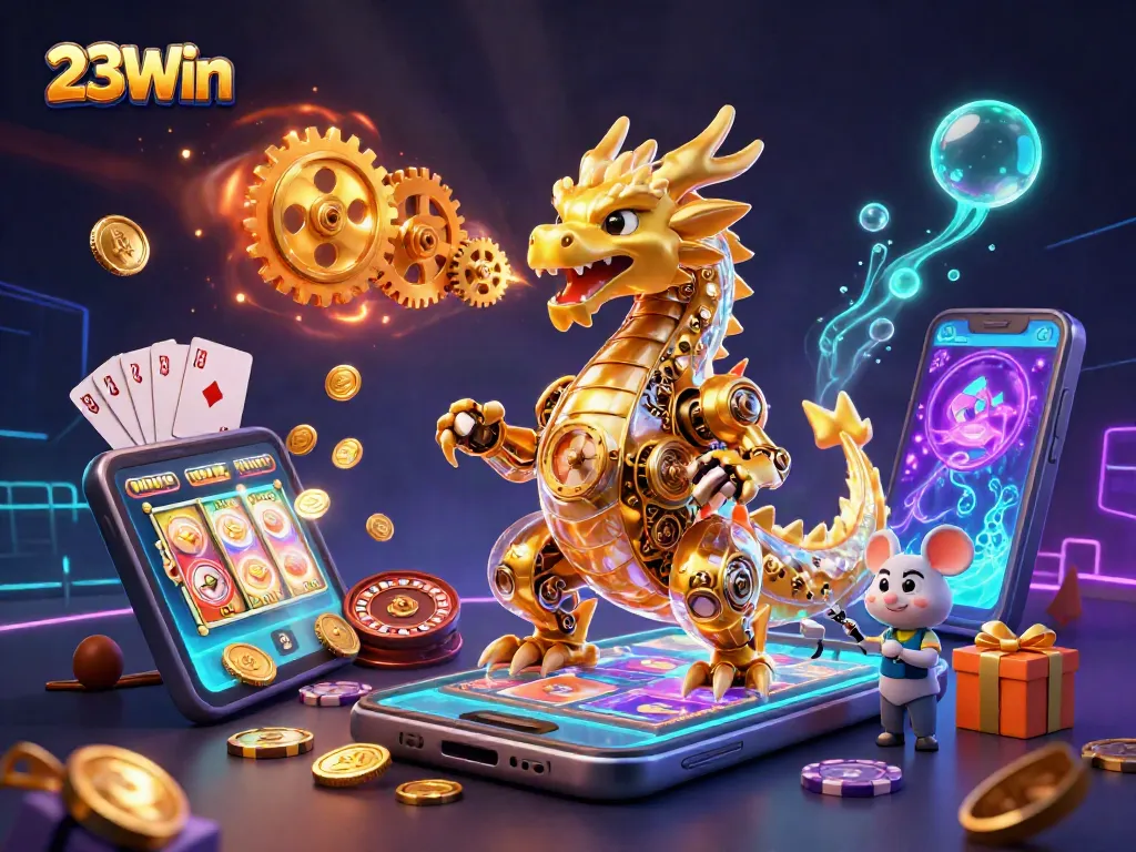Experience excitement at 23Win with a vibrant 3D casino scene illustrating thrilling gameplay elements.