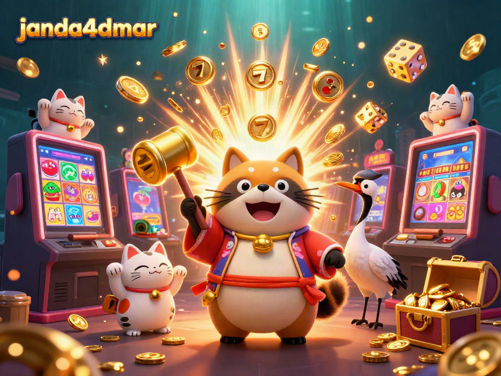 Gambar menggembirakan janda4dmar menunjukkan panda ceria dengan elemen perjudian yang penuh warna.