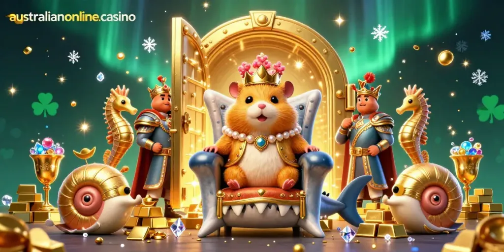 A dynamic illustration of the golden hamster king on a shark tooth throne representing australianonlinecasino, with sparkling treasure elements around.