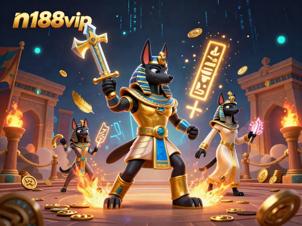 N188vip highlights casino entertainment with an ancient Egyptian warrior and priestess in a vibrant gaming world.