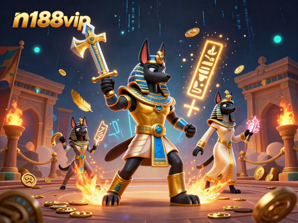 N188vip highlights casino entertainment with an ancient Egyptian warrior and priestess in a vibrant gaming world.