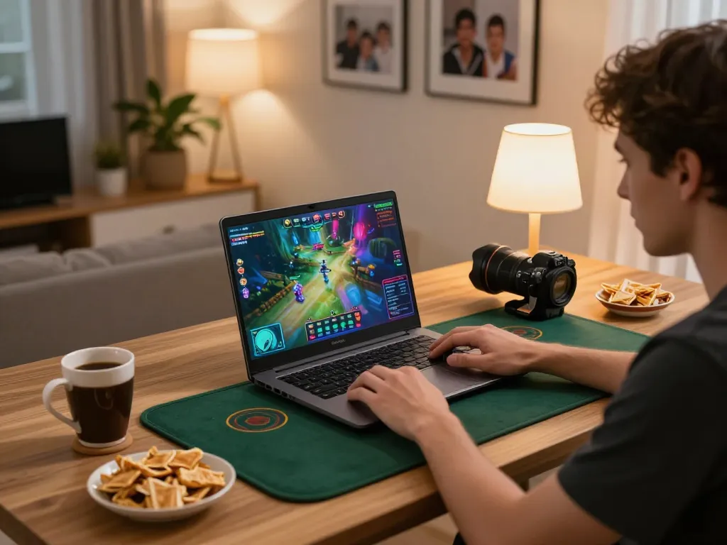 Engaging in online gambling with hm 88 at home, showcasing a cozy gaming setup with colorful interface and snacks.
