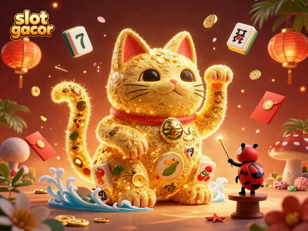 Engage with the vibrant slot gacor world, featuring a lucky cat and symbols amidst festive elements.
