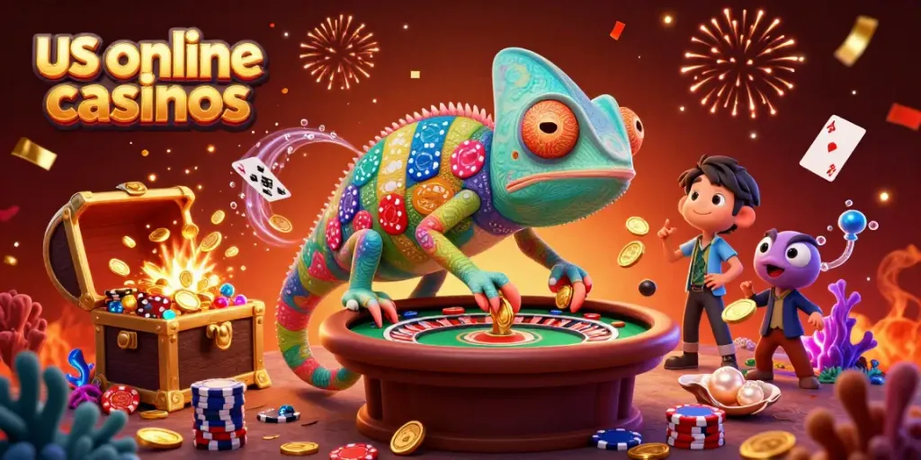 Experience the excitement of us online casinos with a vibrant chameleon and dazzling treasures.