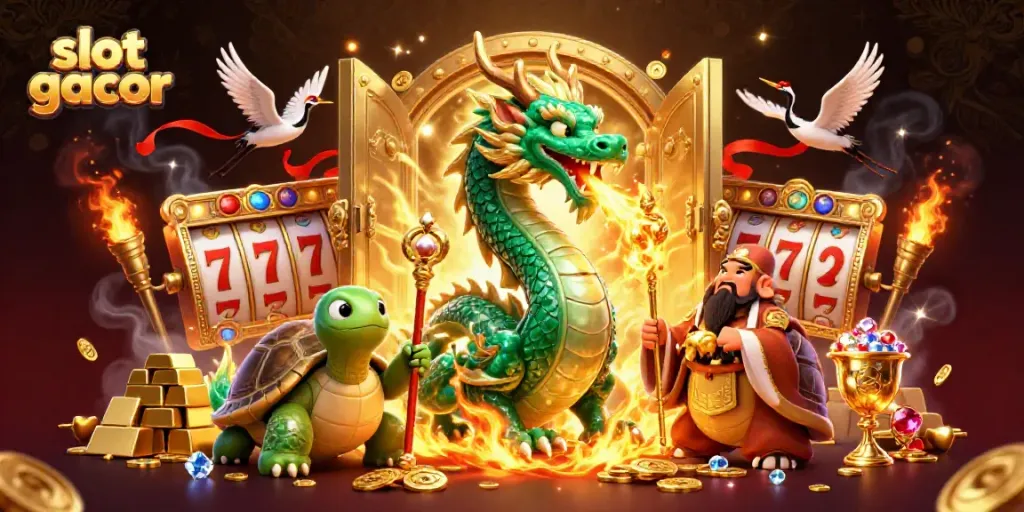 Experience slot gacor with a mystical dragon and wise turtle amidst gold treasures.