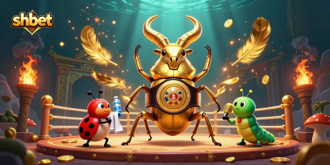 Engage with shbet in a dynamic casino arena featuring a golden stag beetle boxing champion and colorful betting elements.