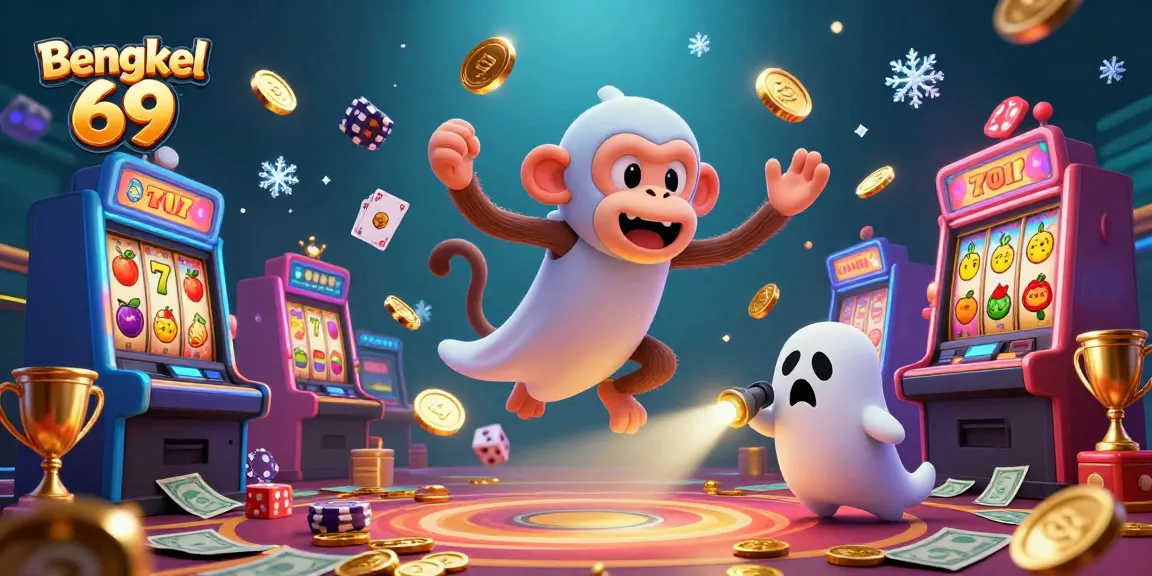 Bengkel 69 illustrates a playful poltergeist monkey juggling golden coins in a bustling casino environment, showcasing vibrant gambling elements.