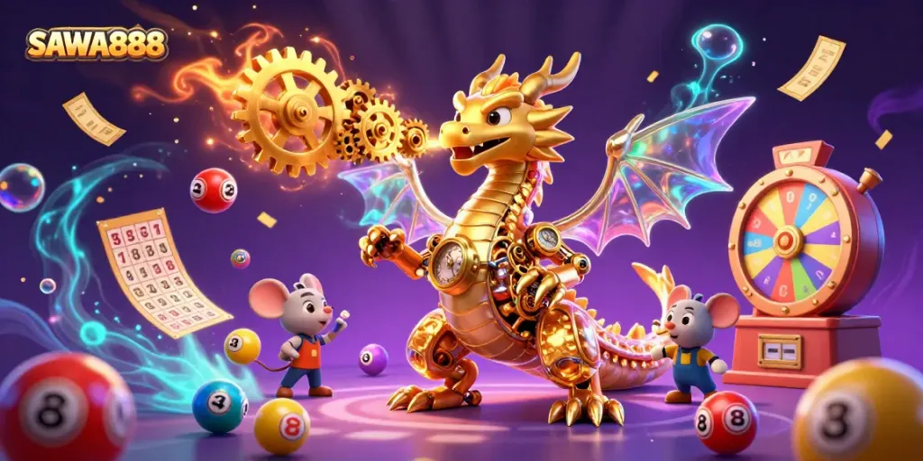 Engage with SAWA888 through vibrant gaming elements in a 3D casino scene, featuring a golden dragon.