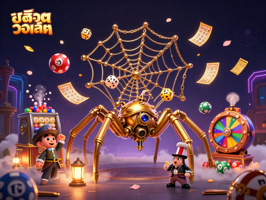 Experience สล็อตวอเลท with dynamic gameplay featuring golden spider and lively lottery elements.
