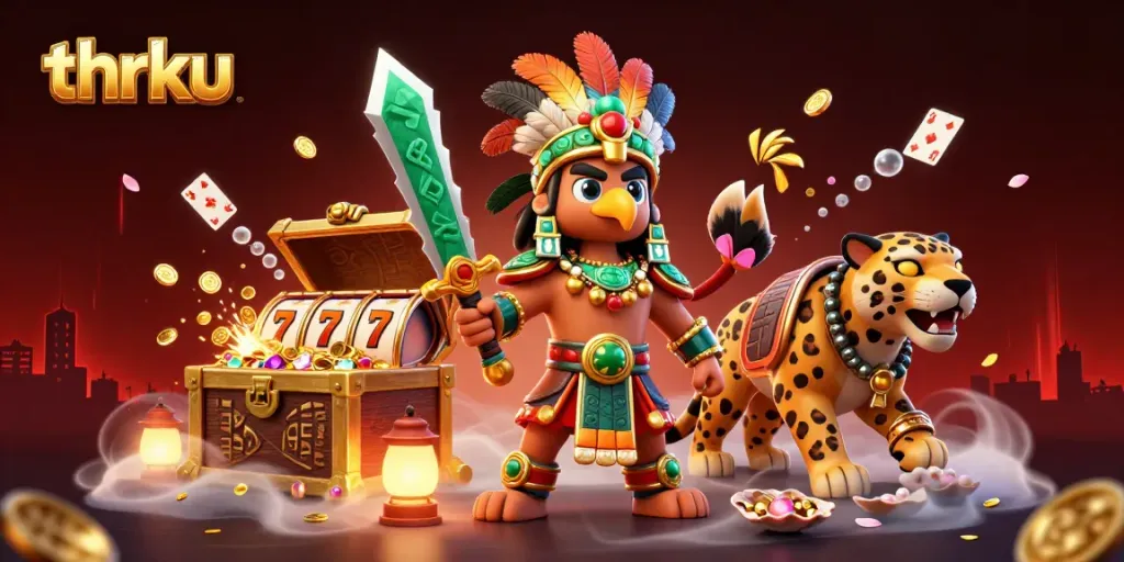 Engage with thrilling slots at thrku, featuring an Aztec warrior and dynamic game elements.