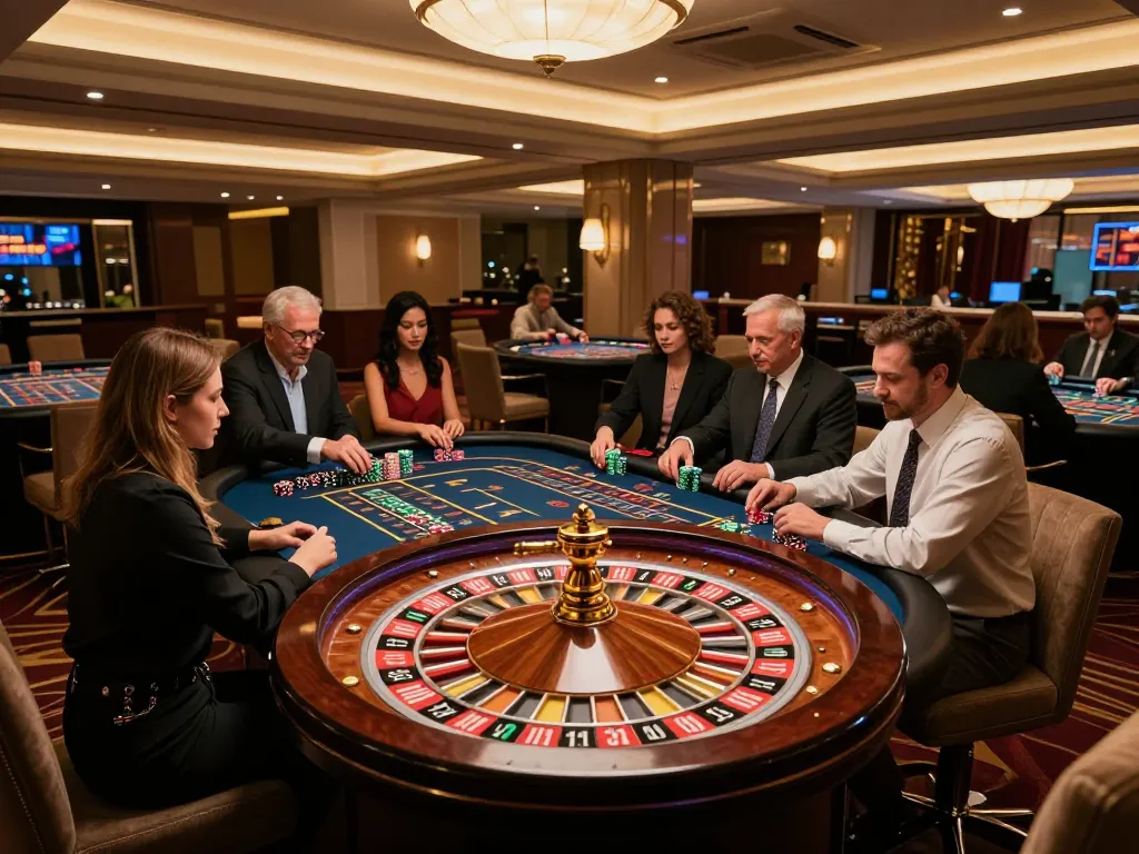 Players engaged in strategic play at a roulette table in an upscale casino, featuring ushimitsusoft games.