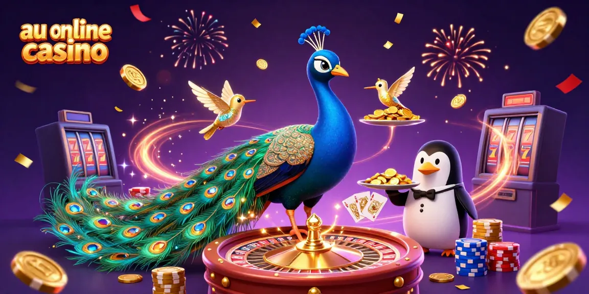 Experience the vibrant magic of the au online casino with a peacock, penguin, and hummingbird amid dazzling casino elements.