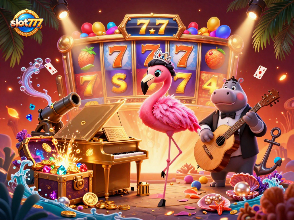 Experience thrilling wins with slot777 alongside vibrant imagery of a flamingo and hippo bass guitarist.