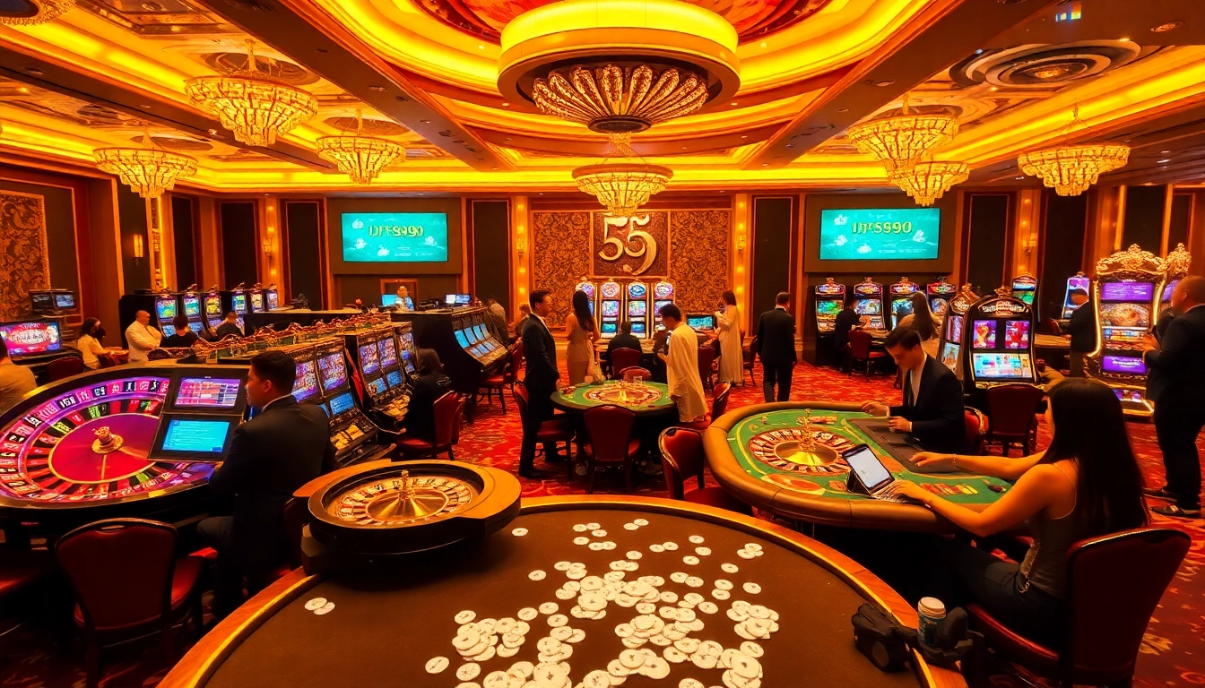 Exciting gambling atmosphere at DF999 casino with roulette, poker, and vibrant slot machines.