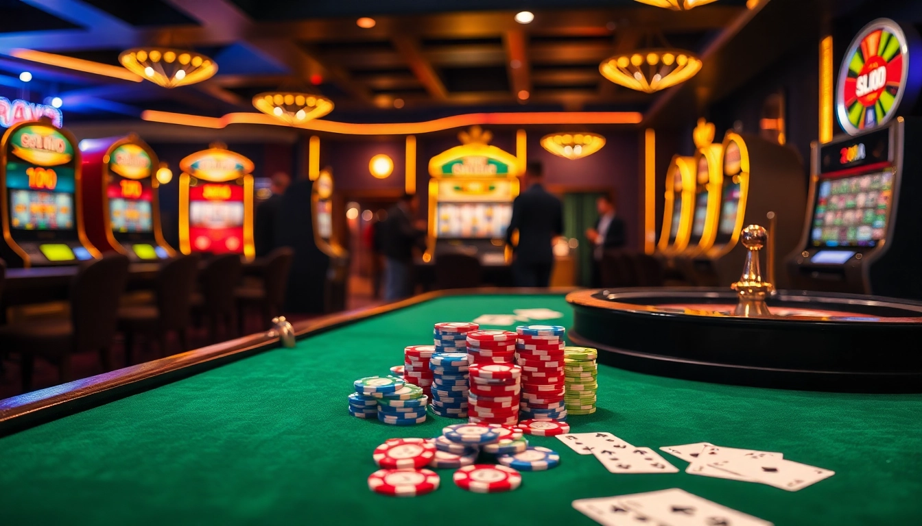 Join the excitement at gg88.work featuring a luxurious casino with vibrant poker tables and colorful slot machines.