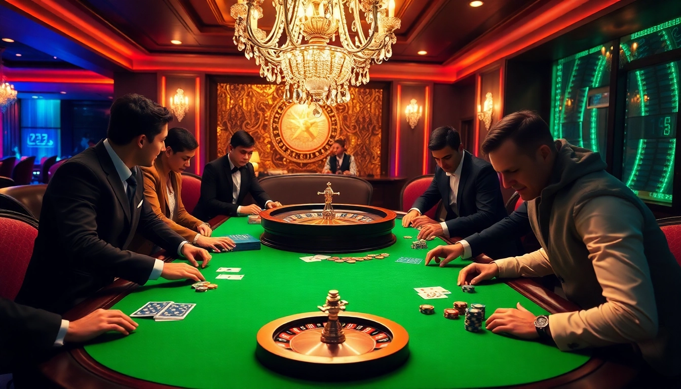 Engaged gamblers at a high-stakes table showcasing gg88 com's vibrant casino experience.