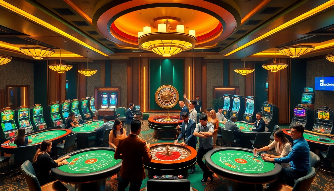 Experience the excitement of RR88 with vibrant casino tables and enthusiastic gamblers.