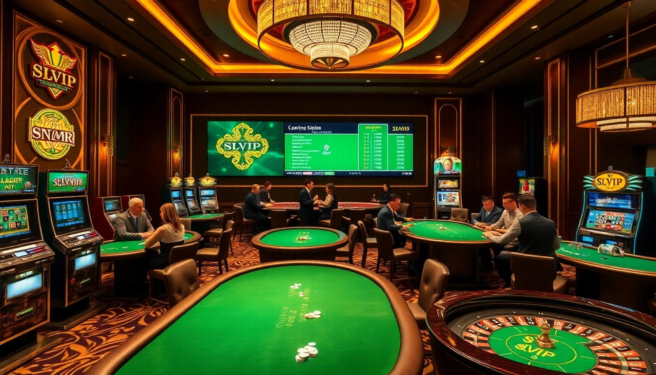 SLVIP gaming area with elegant gambling tables and vibrant slot machines.