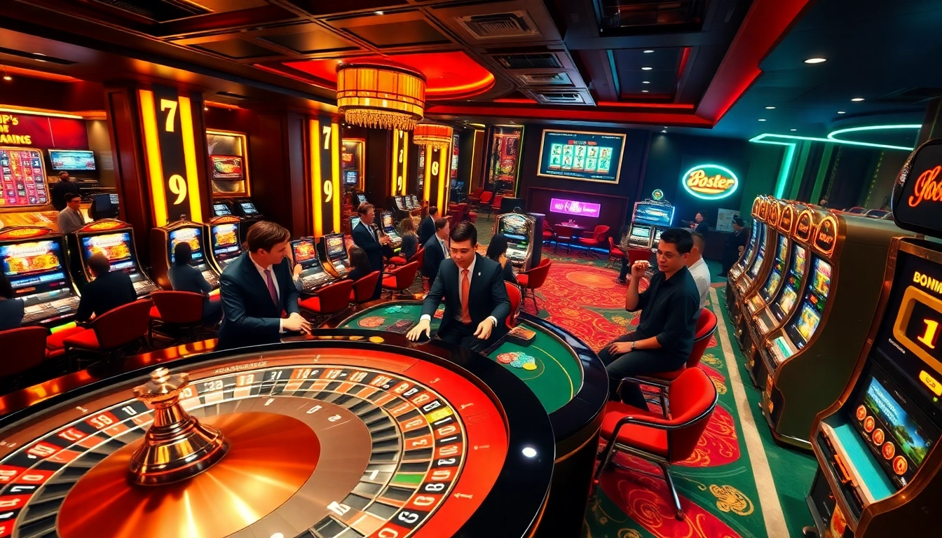 Exciting casino scene with roulette and slot machines, showcasing boosterjp as a premier gaming platform.